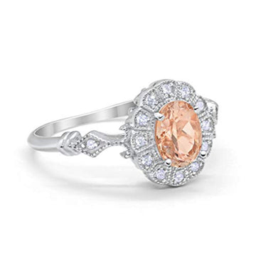 Oval Art Deco Enagement Bridal Ring Simulated Morganite CZ 925 Sterling Silver